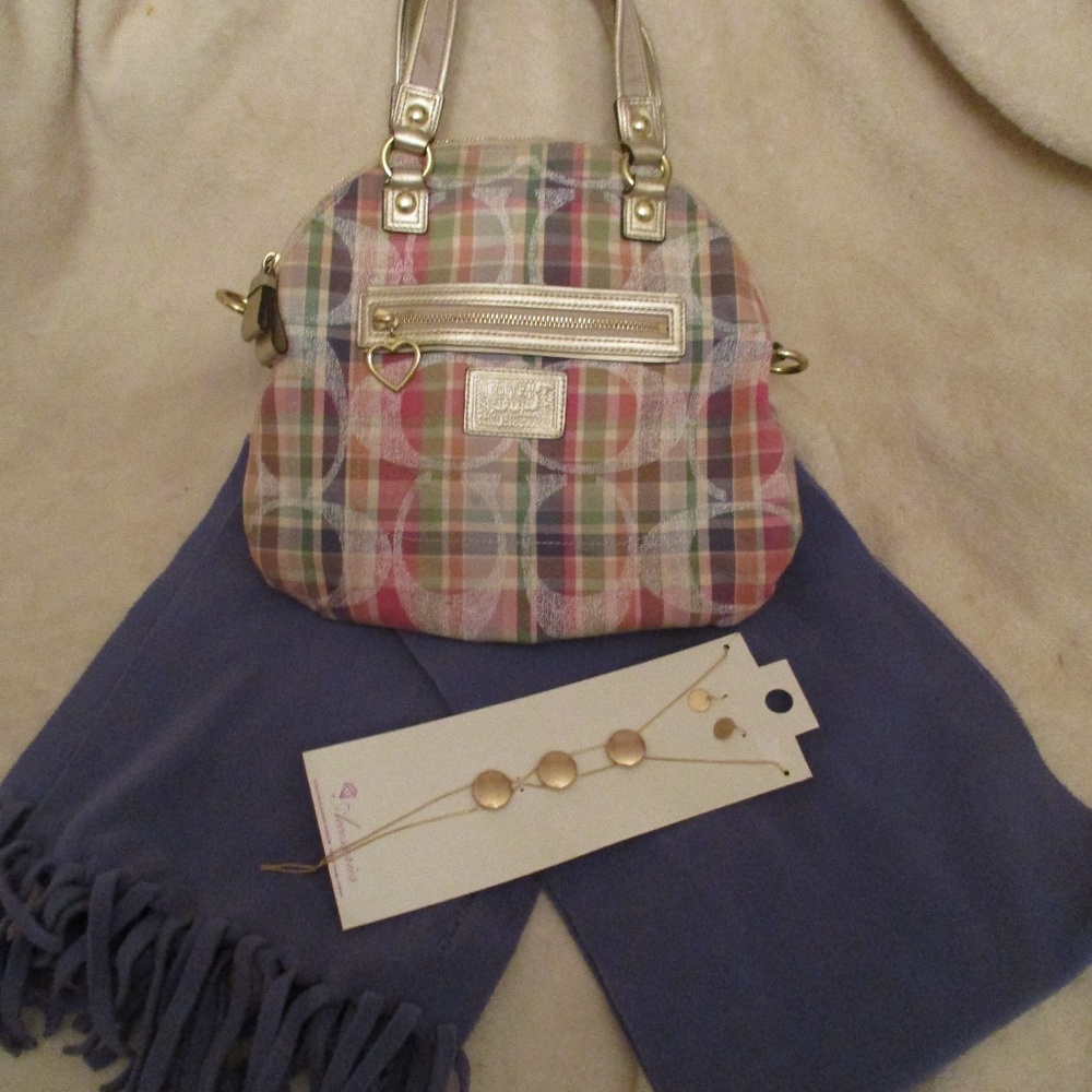 Pastel Plaid Coach Handbag, Old Navy Scarf, Jewel